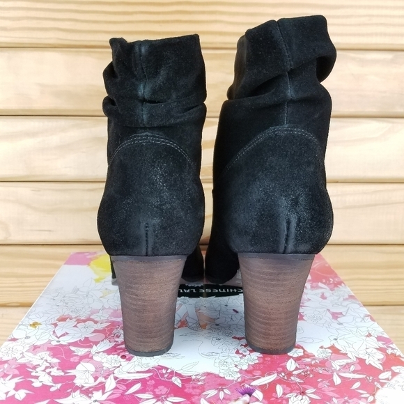 Distressed Black Western Biker Boots Suede/Leather Slouch Heeled 6.5M Bootie NEW - Picture 3 of 11